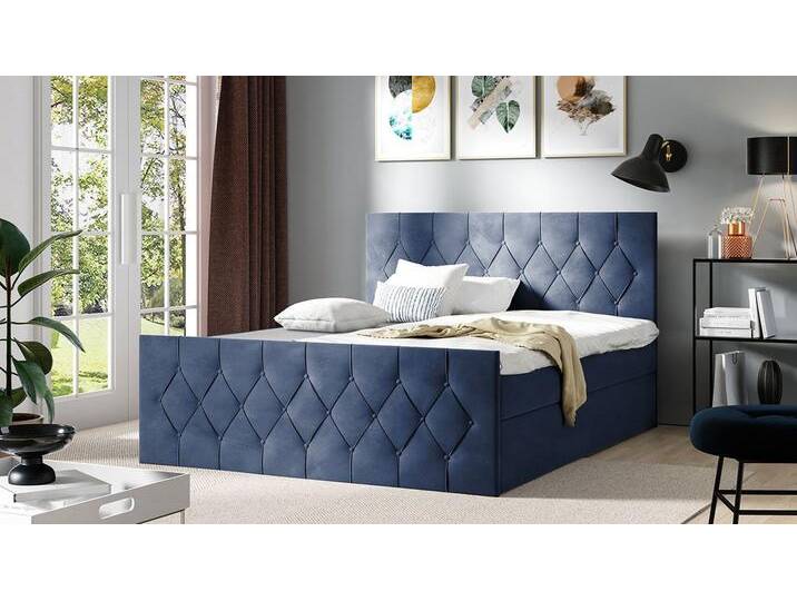 MIRJAN24 Boxspringbett Sky Lux (Matratze, Topper, Polsterkopfteil und Fußteil), Doppelbett mit 2 Bettkästen, Bettgestell, blau, Mikrofaza 0012 von Mirjan24