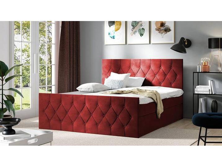 MIRJAN24 Boxspringbett Sky Lux (Matratze, Topper, Polsterkopfteil und Fußteil), Doppelbett mit 2 Bettkästen, Bettgestell, rot, Mikrofaza 0034 von Mirjan24