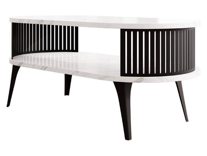 MIRJAN24 Couchtisch Roenni Oval (mit Regal), Beine und Seiten aus Stahl, 100x50x44 cm, schwarz weiß, Schwarz / Bianco Marmor von Mirjan24