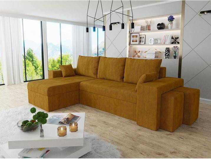 MIRJAN24 Ecksofa Kansas Cord, mit Bettkasten und Schlaffunktion, Kissen-Set, zwei Polsterhocker, braun, Poso 01 von Mirjan24