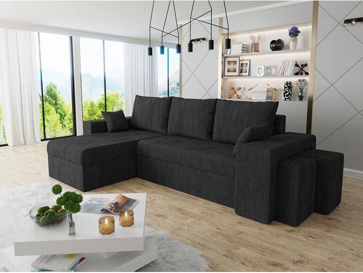 MIRJAN24 Ecksofa Kansas Cord, mit Bettkasten und Schlaffunktion, Kissen-Set, zwei Polsterhocker, schwarz, Poso 135 von Mirjan24
