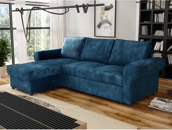 MIRJAN24 Ecksofa Monaco Cord, mit Schlaffunktion und Bettkasten, Rückenlehne in Form beweglicher Kissen, Freistehendes Sofa, blau, Poso 05 von Mirjan24
