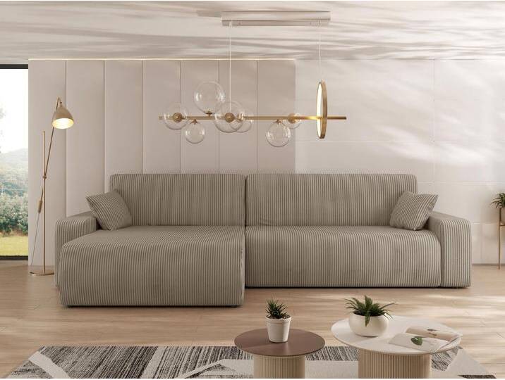 MIRJAN24 Ecksofa Piano L Cord, mit Bettkasten und Schlaffunktion, Schwarze Füße, Wellenfeder, L-Form, beige, Poso 02 von Mirjan24