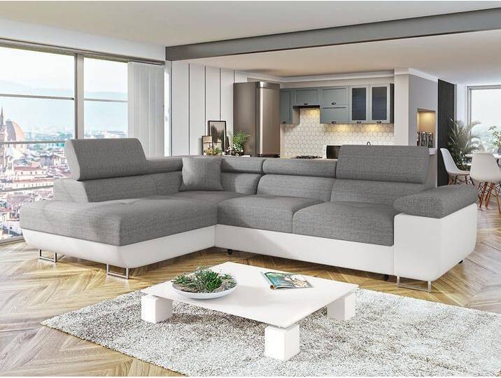 MIRJAN24 Ecksofa Torezio, mit Bettkasten und Schlaffunktion, Einstellbare Kopfstützen, 274x203x70-90 cm, weiß, Soft 017 + Lux 05 von Mirjan24