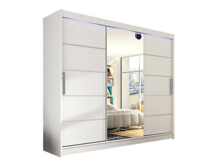 MIRJAN24 Kleiderschrank Aston VI (mit Schiebetüren und Spiegel) 250x215x58 cm, Schwebetürenschrank, Garderobe, weiß, mit RGB LED Beleuchtung von Mirjan24