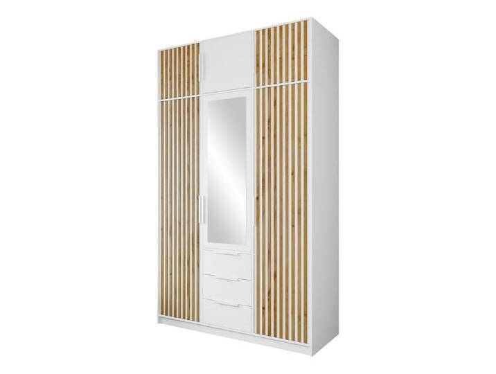 MIRJAN24 Kleiderschrank Bali Lux 3D (mit 7 Drehtüren und 3 Schubladen) Frontspiegel, Kleiderstange, Aluminumgriffe, weiß, mit Schrankaufsatz von Mirjan24