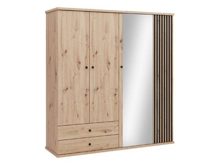 MIRJAN24 Kleiderschrank Cali C-24 (mit vier Drehtüren und zwei Schubladen) Frontspiegel, Kleiderstange, Metallgriffe, beige schwarz von Mirjan24