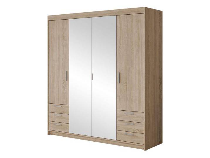 MIRJAN24 Kleiderschrank Elena 4D6S (mit vier Drehtüren und sechs Suchbladen) Frontspiegel, Kleiderstange, beige, Sonoma Eiche von Mirjan24