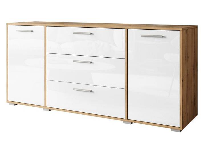 MIRJAN24 Kommode Bogota 150 (mit zwei Drehtür und drei Schubladen), 150x40x68 cm, weiß, Wotan Eiche / Weiß Hochglanz von Mirjan24