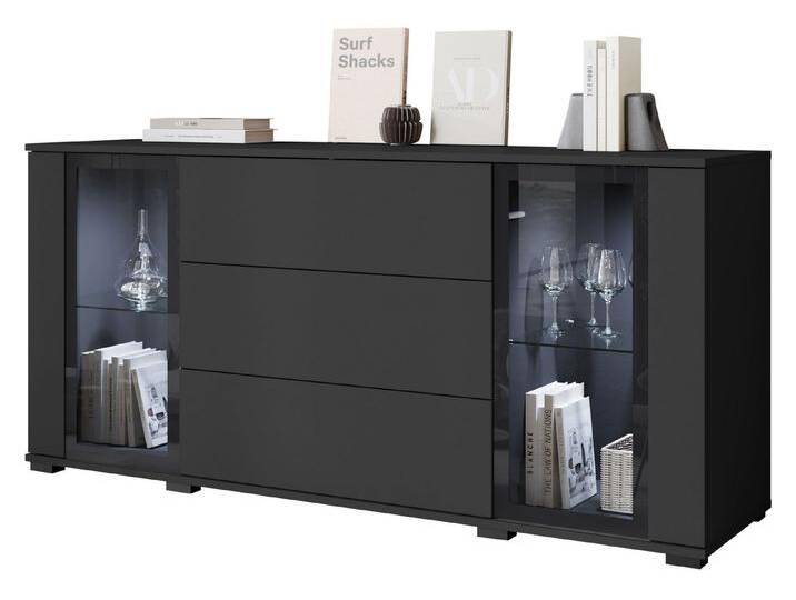 MIRJAN24 Kommode Caro SB 150 2D3S (mit zwei Drehtüren drei Schubladen), Fronten und Einlegeböden aus gehärtetem Glas, schwarz von Mirjan24
