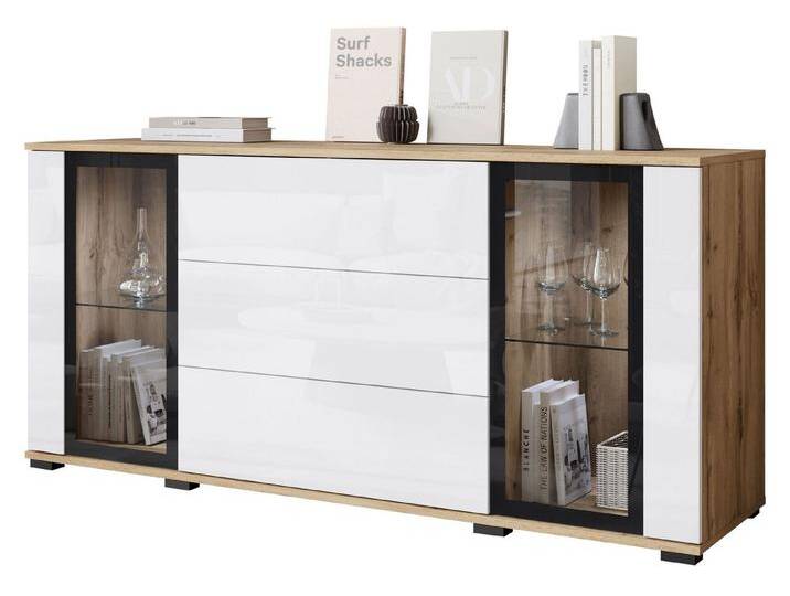 MIRJAN24 Kommode Caro SB 150 2D3S (mit zwei Drehtüren drei Schubladen), Fronten und Einlegeböden aus gehärtetem Glas, weiß, mit weißer LED Beleuchtung von Mirjan24