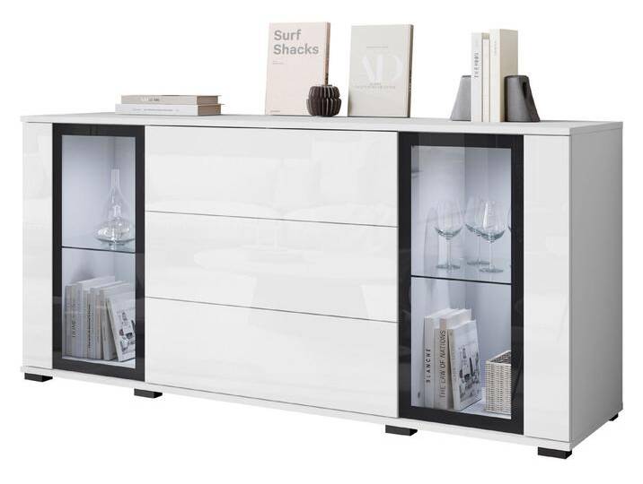 MIRJAN24 Kommode Caro SB 150 2D3S (mit zwei Drehtüren drei Schubladen), Fronten und Einlegeböden aus gehärtetem Glas, weiß, mit weißer LED Beleuchtung von Mirjan24