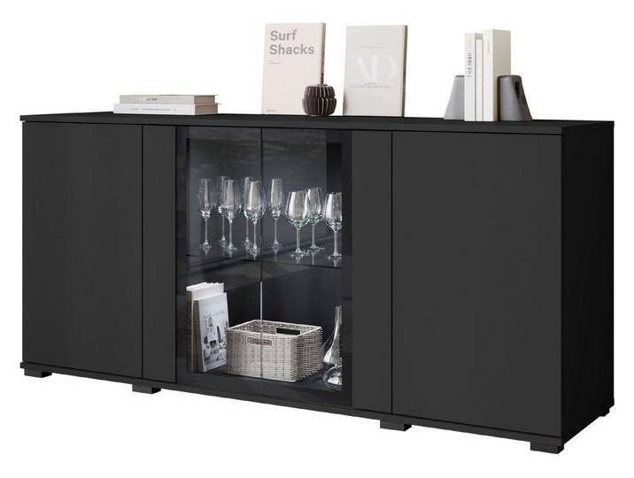 MIRJAN24 Kommode Caro SB 154 4D (mit vier Drehtüren), 150x40x70 cm, schwarz, mit weißer LED Beleuchtung von Mirjan24