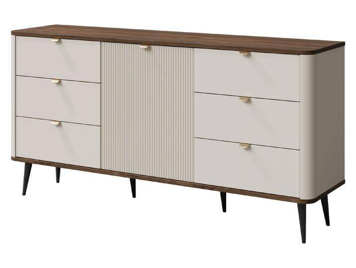 MIRJAN24 Kommode Marly 6S1D RE09 (mit Drehtür und sechs Schubladen), Griffe und Füße aus Metall, 160x40x82 cm, beige, Cashmere / Cashmere + Nuss von Mirjan24