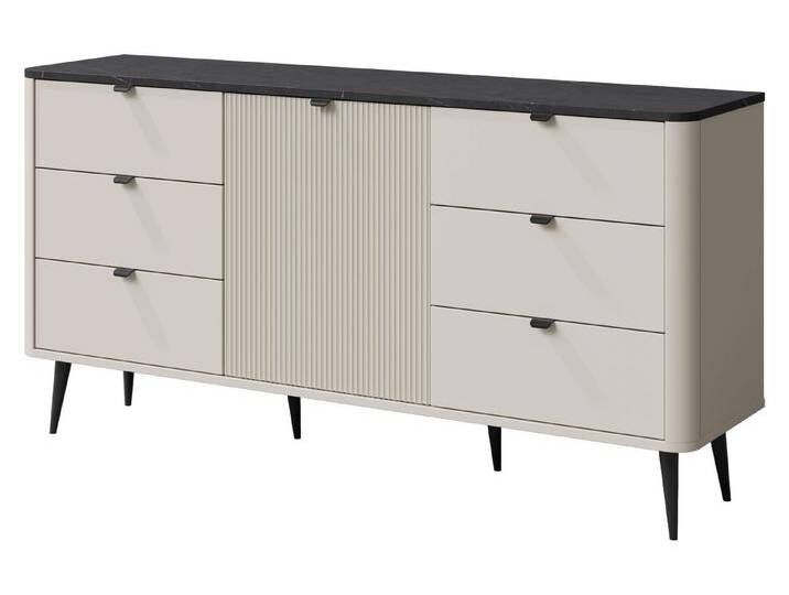 MIRJAN24 Kommode Marly 6S1D RE09 (mit Drehtür und sechs Schubladen), Griffe und Füße aus Metall, 160x40x82 cm, beige grau von Mirjan24