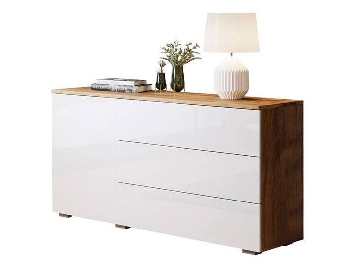 MIRJAN24 Kommode Paris 110 (mit Drehtür und 3 Schubladen), Schubladen mit grifflosem Öffnungssystem push to open, beige, Wotan / Weiß Hochglanz von Mirjan24