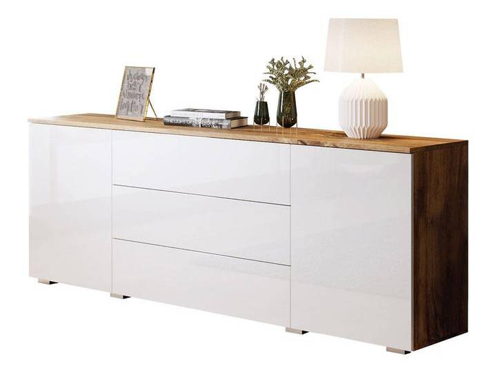 MIRJAN24 Kommode Paris 150 (mit 2 Drehtüren und 3 Schubladen), Schubladen mit grifflosem Öffnungssystem push to open, beige, Wotan / Weiß Hochglanz von Mirjan24