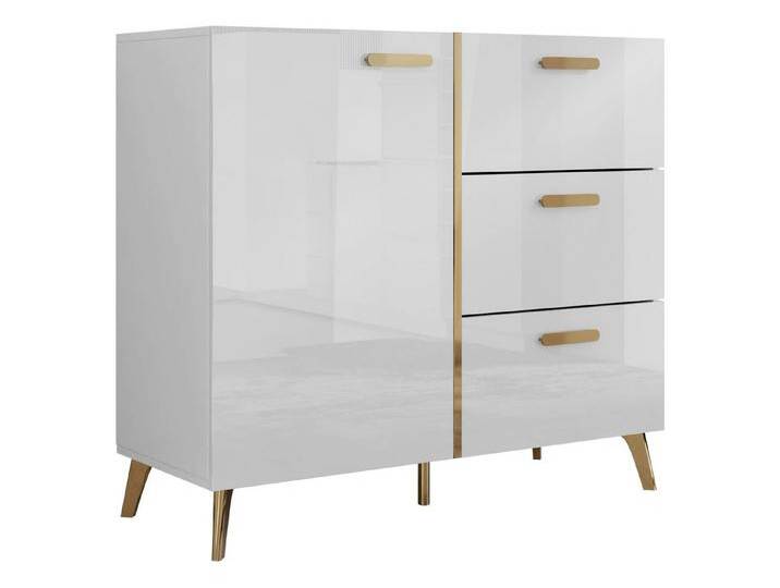 MIRJAN24 Kommode Picru 100 1D3SZ (mit Drehtür und drei Schubladen), 100x38x92 cm, weiß, Weiß / Weiß Hochglanz + Gold von Mirjan24