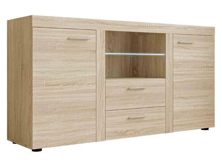 MIRJAN24 Kommode Rumba (mit 2 Türen und 2 Schubladen), Glasregal, LED-Beleuchtung als Option, beige, mit LED Beleuchtung, Sonoma Eiche von Mirjan24