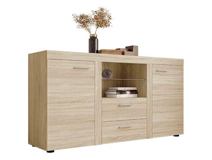 MIRJAN24 Kommode Rumba (mit 2 Türen und 2 Schubladen), Glasregal, LED-Beleuchtung als Option, beige, ohne Beleuchtung, Sonoma Eiche von Mirjan24