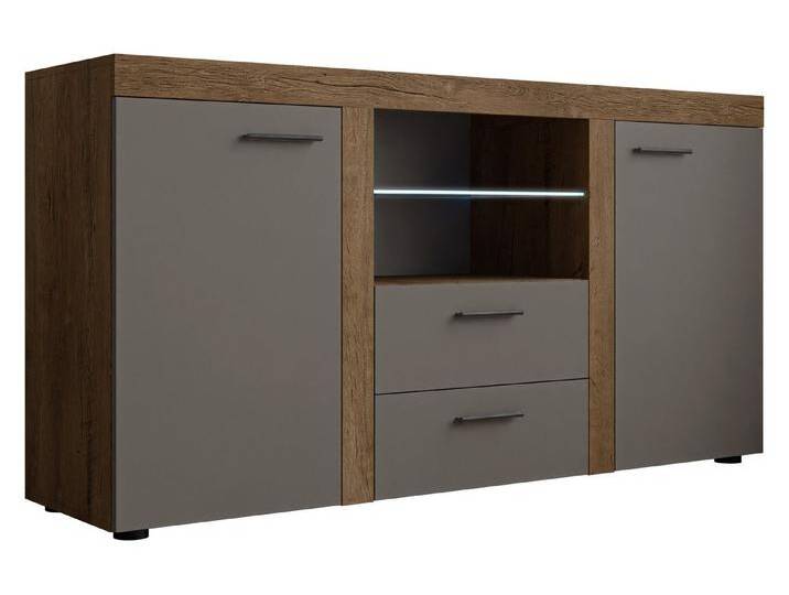 MIRJAN24 Kommode Rumba (mit 2 Türen und 2 Schubladen), Glasregal, LED-Beleuchtung als Option, grau, mit LED Beleuchtung, Lefkas Eiche / Graphit von Mirjan24