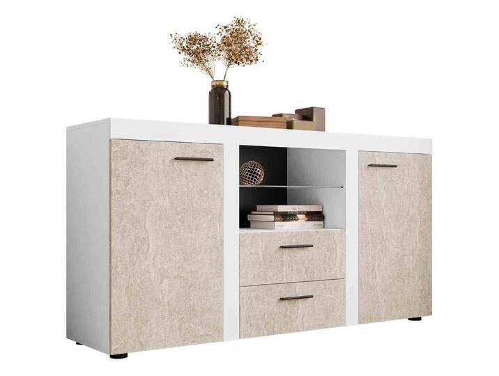MIRJAN24 Kommode Rumba (mit 2 Türen und 2 Schubladen), Glasregal, LED-Beleuchtung als Option, grau, ohne Beleuchtung, Weiß / Beton Hell von Mirjan24