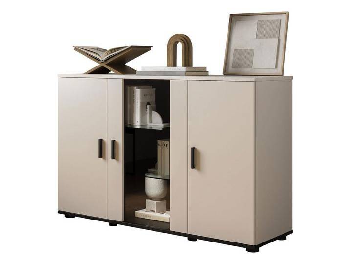 MIRJAN24 Kommode Soho S07 (mit drei Drehtüren), 120x41x80 cm, Beleuchtung als Option, beige schwarz, mit weißer LED Beleuchtung von Mirjan24