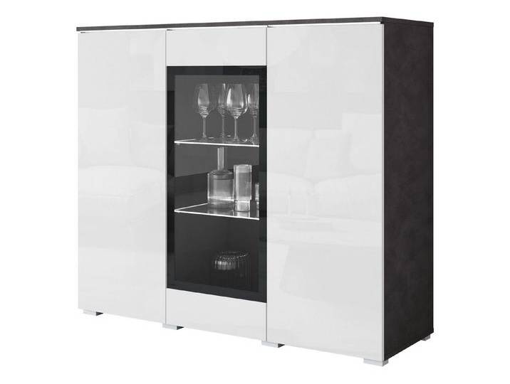 MIRJAN24 Kommode Vera 120 (mit drei Drehtüren), Griffloses Öffnungssystem push to open, grau, mit weißer LED Beleuchtung, Matera / Weiß Hochglanz von Mirjan24