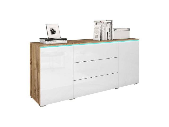 MIRJAN24 SIDEBOARD, Eiche Wotan, Weiß Hochglanz, 3 Schubladen, 150x66x40 cm, Wohnzimmer, Kommoden & Sideboards, Sideboards von Mirjan24
