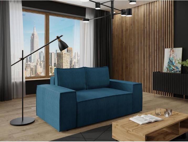 MIRJAN24 Schlafsofa Malaga Small Cord, mit Bettkasten und Schlaffunktion, Rückenlehne in Form beweglicher Kissen, blau, Poso 05 von Mirjan24