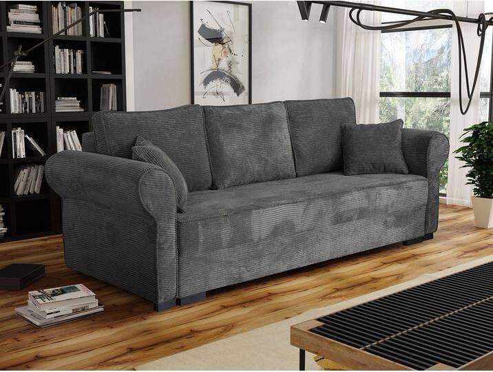 MIRJAN24 Schlafsofa Olimpia Cord, mit Schlaffunktion und Bettkasten, Freistehendes Sofa, 3 Sitzer Polstersofa, Kissen Set, grau, Poso 22 von Mirjan24