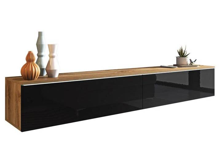 MIRJAN24 TV-Schrank D180 (mit zwei Klappen) LED Beleuchtung als Option, 180x33x30 cm, schwarz, mit weißer LED Beleuchtung, Wotan / Schwarz Hochglanz von Mirjan24