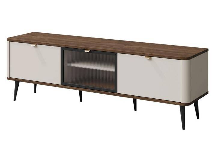 MIRJAN24 TV-Schrank Marly 2K1W RE12 (mit drei Klappen) Fronten mit gehärtetem Glas 4 mm, beige, Cashmere / Cashmere + Nuss von Mirjan24