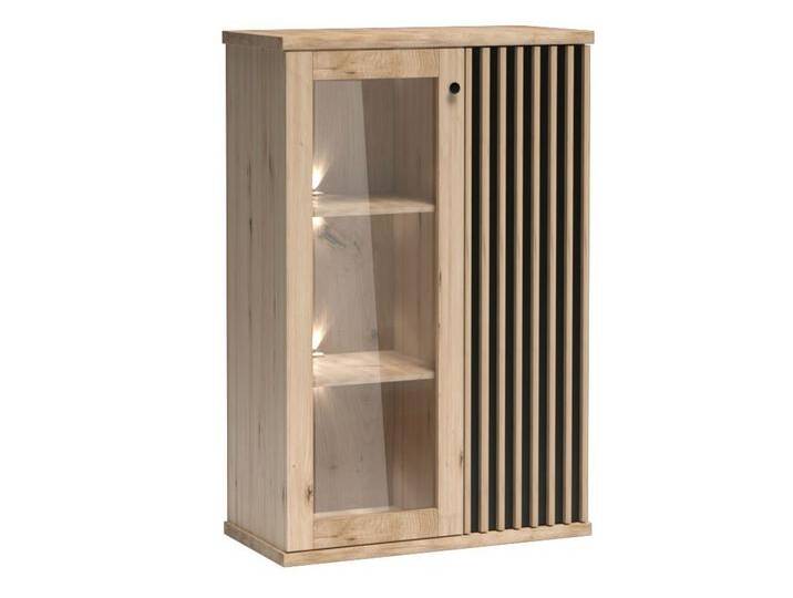 MIRJAN24 Vitrine Cali C-3 (mit 2 Drehtüren) Metallgriff, dekorative Lamellen, Gehärtetes Glas, beige schwarz, mit weißer LED Beleuchtung von Mirjan24