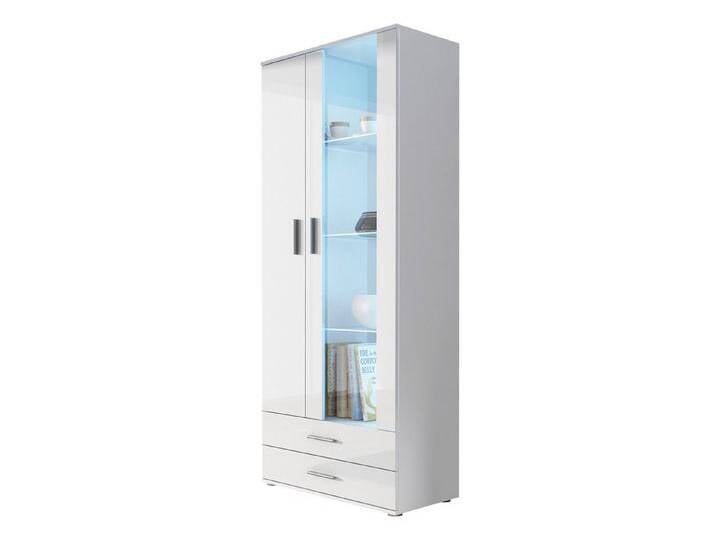 MIRJAN24 Vitrine Soho S06 (mit zwei Drehtüren und zwei Schubladen) Türen sind universell, 80x43x192 cm, weiß, mit weißer LED Beleuchtung von Mirjan24