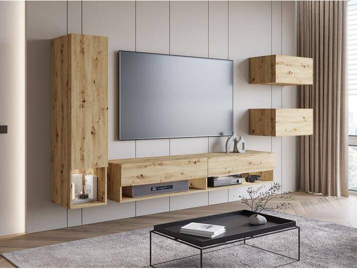 MIRJAN24 Wohnwand Amadeo, (4er-Set, TV-Lowboard, 2x Hängeschrank, Vitrine), Schrankwand, Fernsehschrank, Anbauwand, braun, Artisan Eiche von Mirjan24