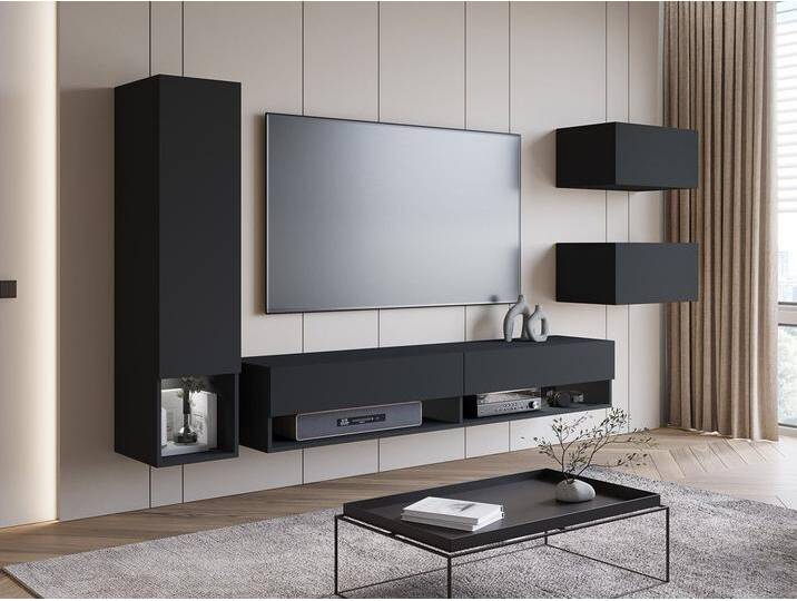 MIRJAN24 Wohnwand Amadeo, (4er-Set, TV-Lowboard, 2x Hängeschrank, Vitrine), Schrankwand, Fernsehschrank, Anbauwand, schwarz, Schwarzer Graphit von Mirjan24