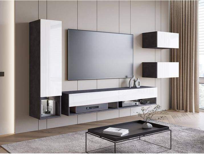 MIRJAN24 Wohnwand Amadeo, (4er-Set, TV-Lowboard, 2x Hängeschrank, Vitrine), Schrankwand, Fernsehschrank, Anbauwand, weiß, Matera / Weiß Hochglanz von Mirjan24