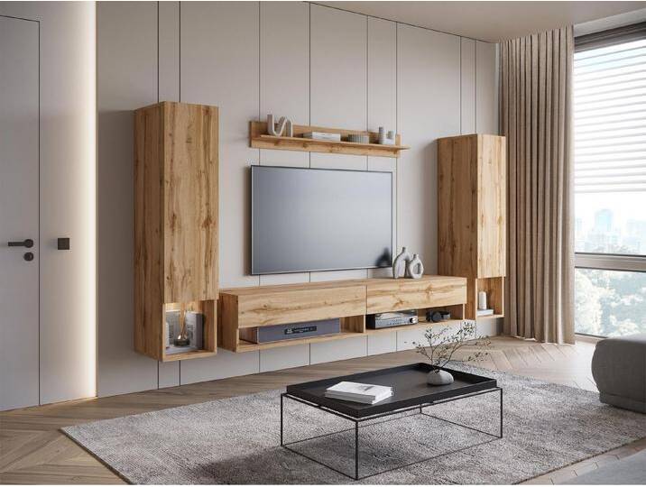 MIRJAN24 Wohnwand Amadeo II, (4er-Set, Hängevitrine x2, TV-Lowboard, Wandregal), LED-Beleuchtung als Option, braun, Wotan von Mirjan24