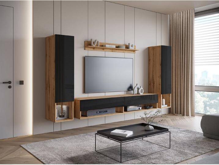 MIRJAN24 Wohnwand Amadeo II, (4er-Set, Hängevitrine x2, TV-Lowboard, Wandregal), LED-Beleuchtung als Option, braun schwarz, Wotan / Schwarz Hochglanz von Mirjan24