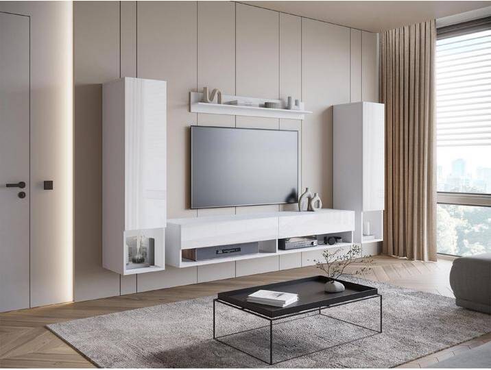 MIRJAN24 Wohnwand Amadeo II, (4er-Set, Hängevitrine x2, TV-Lowboard, Wandregal), LED-Beleuchtung als Option, weiß, Weiß / Weiß Hochglanz von Mirjan24
