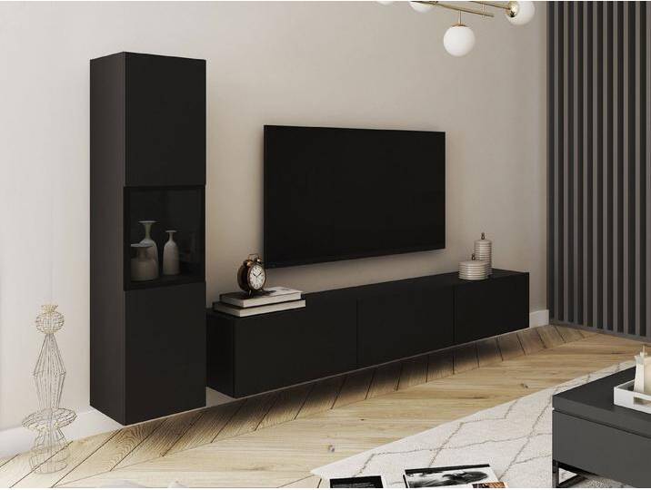 MIRJAN24 Wohnwand Berlin I, (2er-Set, Vitrine, TV-Lowboard), Beleuchtung als Option, schwarz, Schwarzer Graphit von Mirjan24