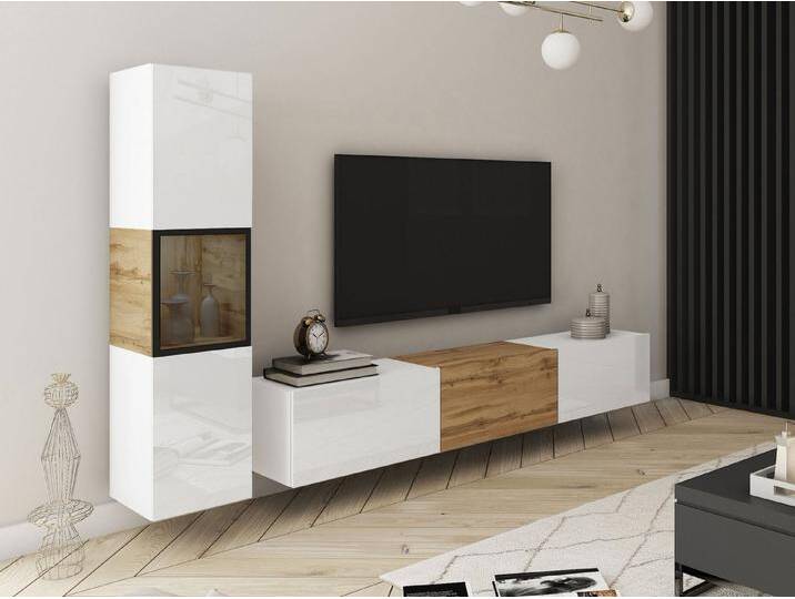 MIRJAN24 Wohnwand Berlin I, (2er-Set, Vitrine, TV-Lowboard), Beleuchtung als Option, weiß, Weiß / Weiß Hochglanz + Wotan Eiche von Mirjan24