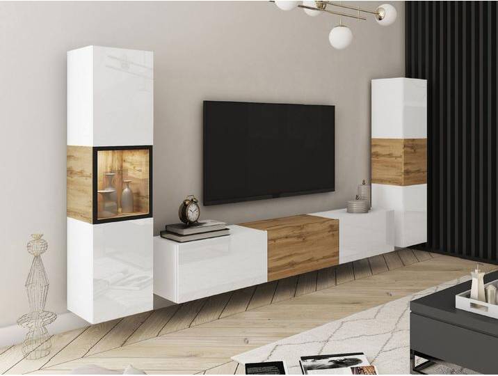 MIRJAN24 Wohnwand Berlin III, (3er-Set, 2x Vitrine, TV-Lowboard), Beleuchtung als Option, weiß, Weiß / Weiß Hochglanz + Wotan Eiche von Mirjan24