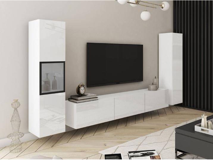 MIRJAN24 Wohnwand Berlin III, (3er-Set, 2x Vitrine, TV-Lowboard), Beleuchtung als Option, weiß, Weiß / Weiß Hochglanz von Mirjan24