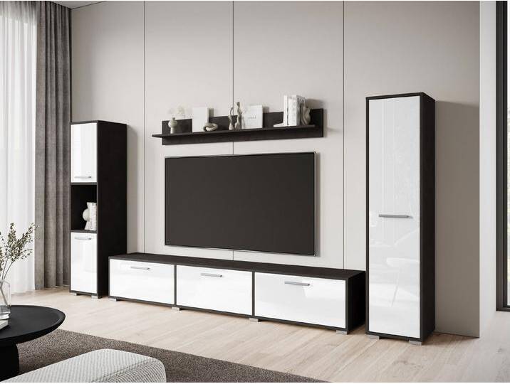 MIRJAN24 Wohnwand Bogota XL, (2x Hochschrank, TV-Lowboard, Wandregal), man kann es aufstellen bzw. Aufhängen, grau, Matera / Weiß Hochglanz von Mirjan24