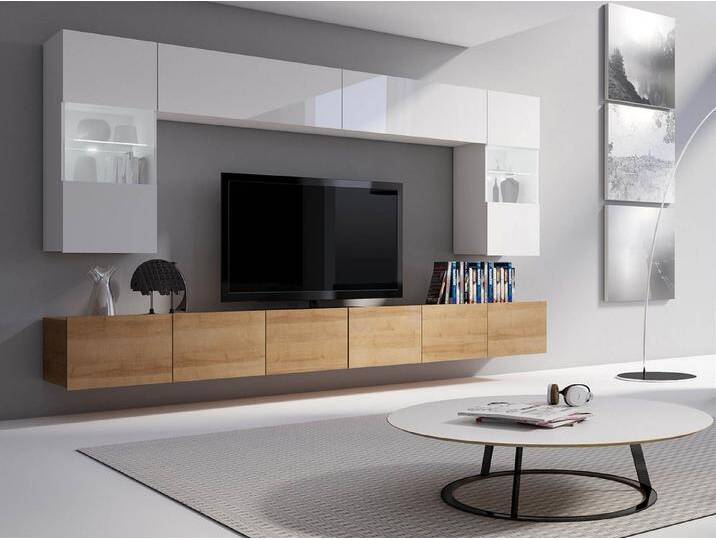 MIRJAN24 Wohnwand Calabrini I, (6er-Set, 2x TV-Lowboard, 2x Wandregal, 2x Hängevitrine), LED-Beleuchtung als Option, beige von Mirjan24