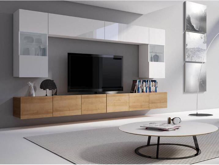 MIRJAN24 Wohnwand Calabrini I, (6er-Set, 2x TV-Lowboard, 2x Wandregal, 2x Hängevitrine), LED-Beleuchtung als Option, beige von Mirjan24