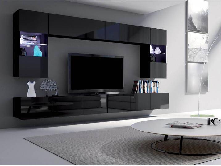 MIRJAN24 Wohnwand Calabrini I, (6er-Set, 2x TV-Lowboard, 2x Wandregal, 2x Hängevitrine), LED-Beleuchtung als Option, schwarz von Mirjan24