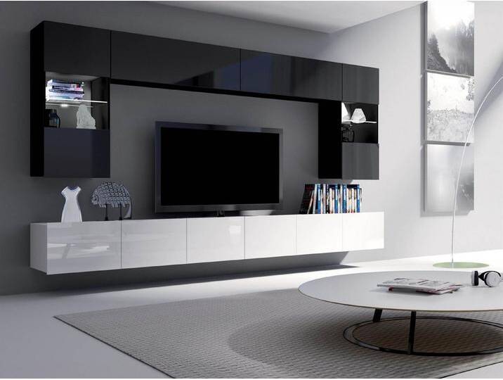 MIRJAN24 Wohnwand Calabrini I, (6er-Set, 2x TV-Lowboard, 2x Wandregal, 2x Hängevitrine), LED-Beleuchtung als Option, schwarz von Mirjan24